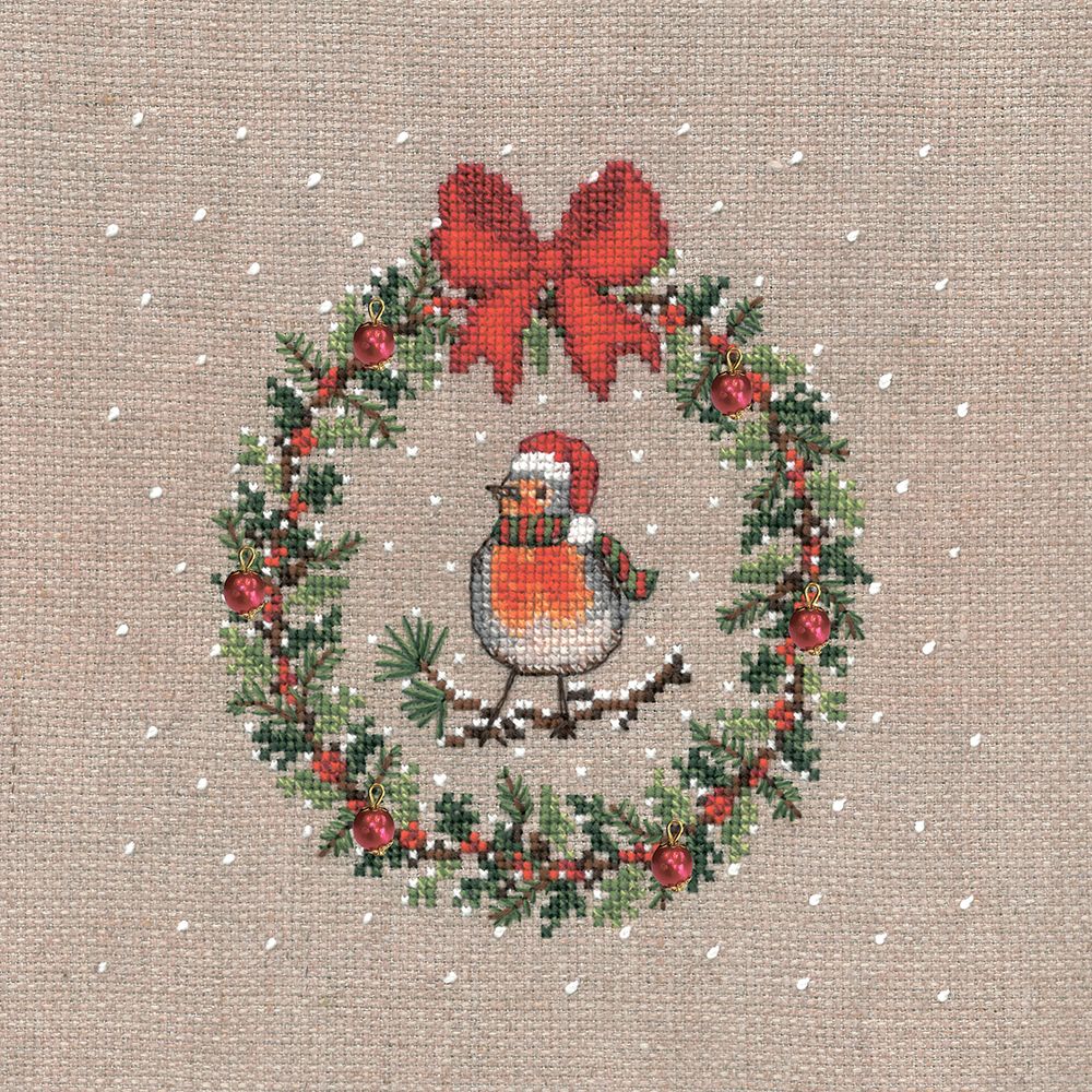 Набор для вышивания нитками Le Bonheur des Dames December Wreath Robin Bird (Декабрьский Венок Малиновка), 14.5х14.5 см