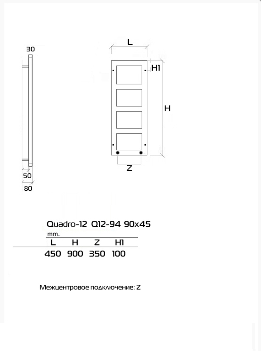 Дизайн радиатор водяной Quadro-12 90х45 (см)