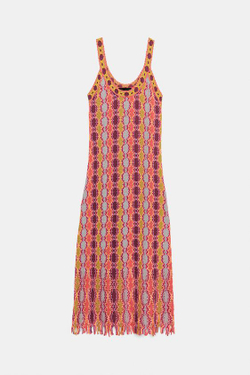ZARA ДЛИННОЕ ТРИКОТАЖНОЕ ПЛАТЬЕ С БАХРОМОЙ, РАЗНОЦВЕТНЫЙ
