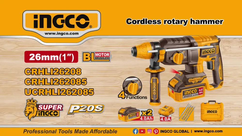 Аккумуляторный перфоратор BL INGCO CRHLI262085 — аккумуляторный перфоратор с двумя батареями и зарядным устройством