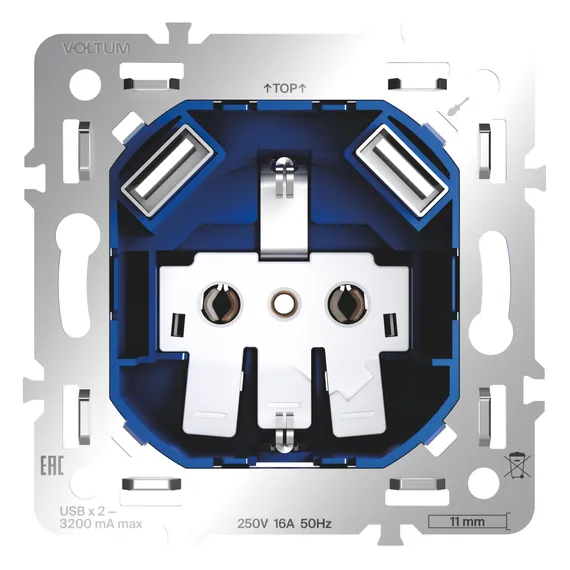 Механизм розетки с заземлением и защитными шторками , с USB A+A Voltum S70 VLS0404M