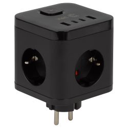 Разветвитель электрический ЭРА CUBE-3es-USB-B на 3 розетки с заземлением и выключателем + 4USBA+C со шторками 16А черный | Тройники