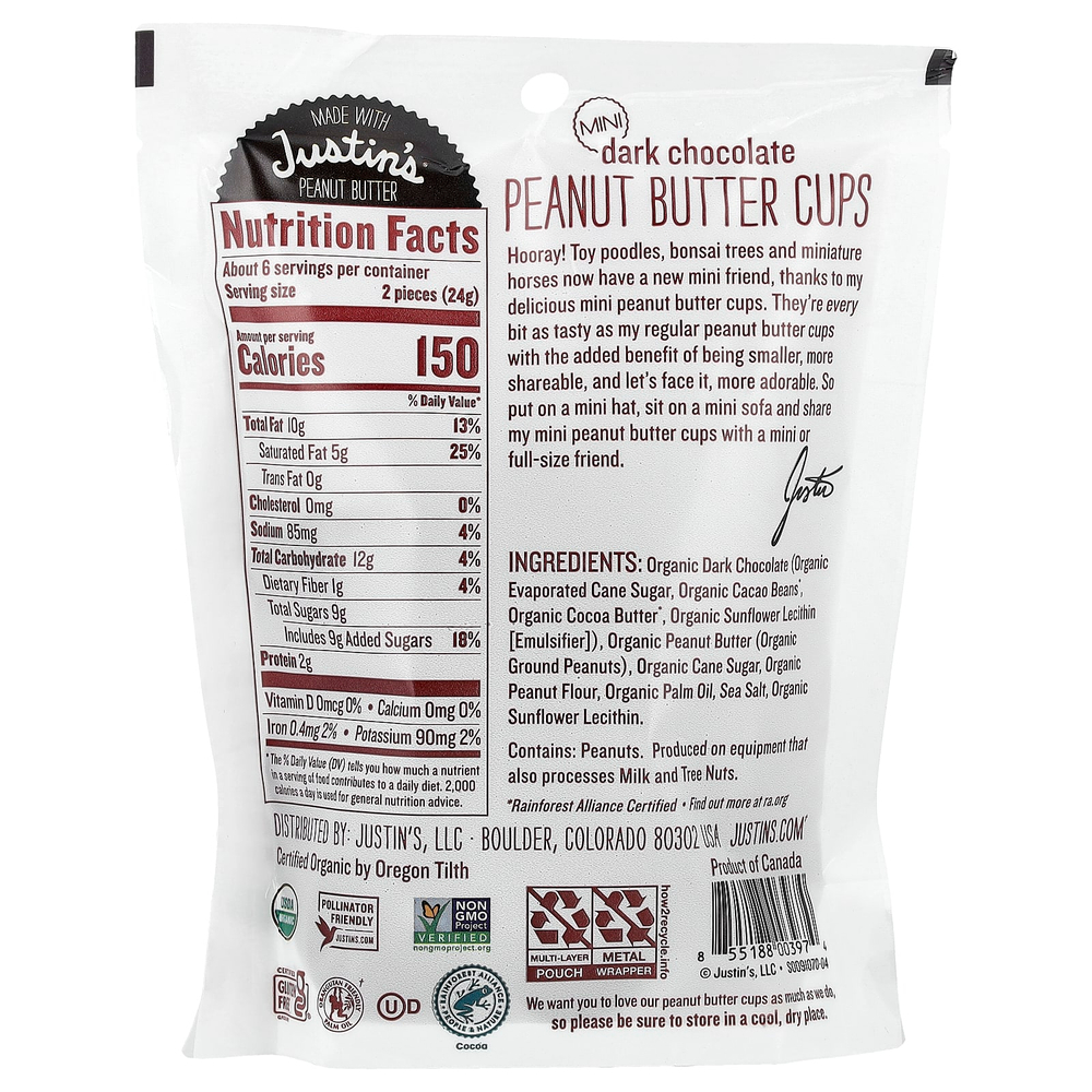 Justin's Nut Butter, Органические мини-чашки с арахисовой пастой, темный шоколад, 133 г (4,7 унции)