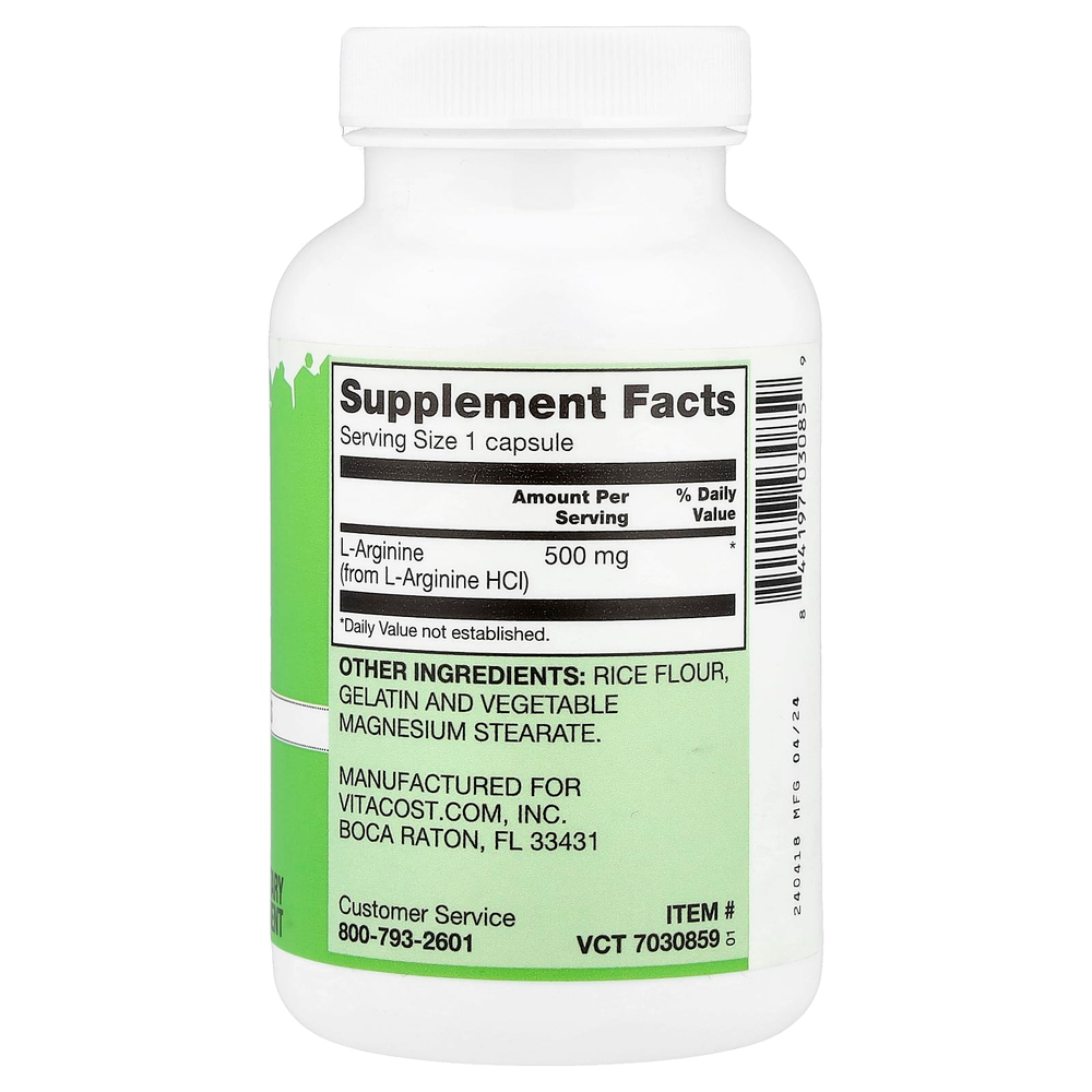 Vitacost, L-Arginine, 500 mg, 100 Capsules