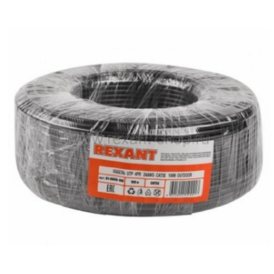 Витая пара Rexant (01-0045-100) Кабель U/UTP, CAT 5e, PE 4х2х0,50мм, 24AWG, внешний, черный, 100м