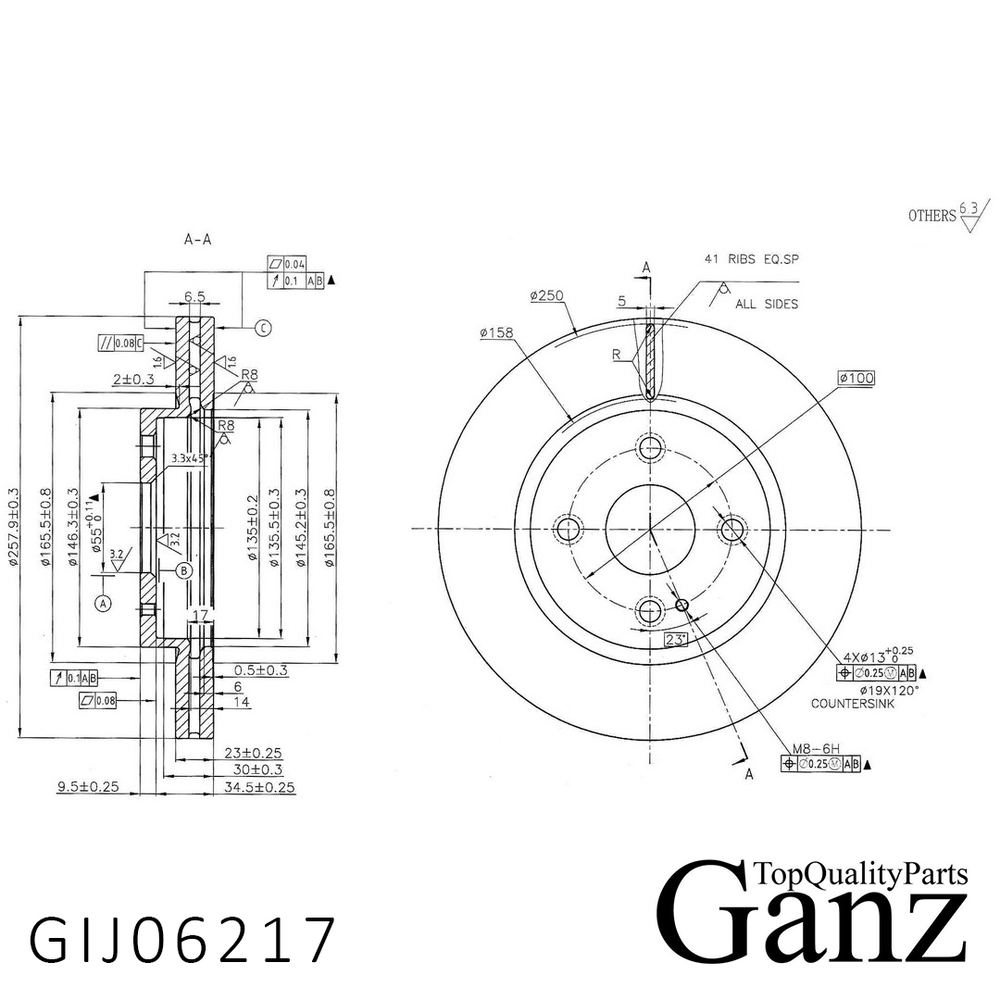 Диск тормозной передний с покрытием FORD Fiesta VI 10/MAZDA 2 08 /Vent.D=258mm GANZ GIJ06217