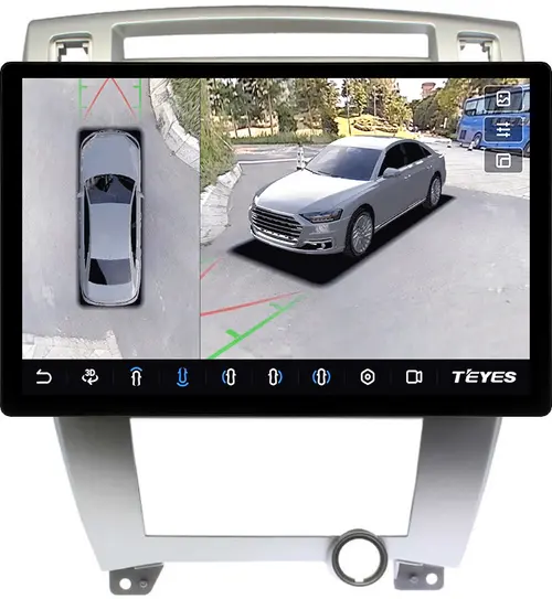 Магнитола для Hyundai Tucson 1 2004-2009 (рамка серебро) - Teyes CC3-2K-360 монитор 13" 2K QLED на Android 10, Быстрая, CarPlay, 4G SIM-слот, 4 камеры в комплекте