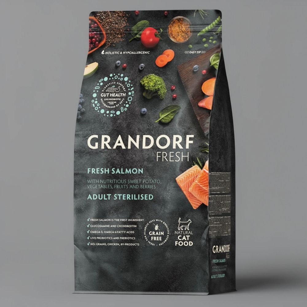 Сухой корм GRANDORF Fresh Cat STERILISED Salmon&Sweet Potato для стерилизованных кошек из свежего лосося с бататом