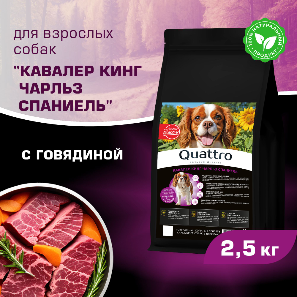 Корм сухой для взрослых собак породы Кавалер кинг Чарльз спаниель, с говядиной, 2,5 кг, QUATTRO