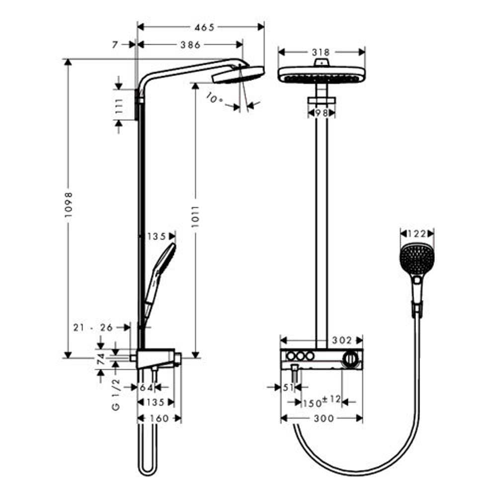 Душевая система Hansgrohe Raindance Select Push 300 3jet Showerpipe хром 27127000 схема