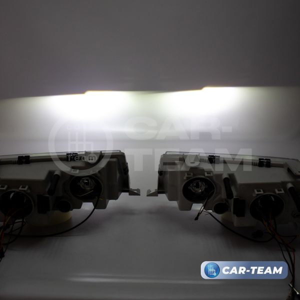 Фары ВАЗ 2110, 2111, 2112 передние в стиле BMW с Bi LED модулями 1,8 дюйма, галочки в цвете Lime (тонированные поворотники)