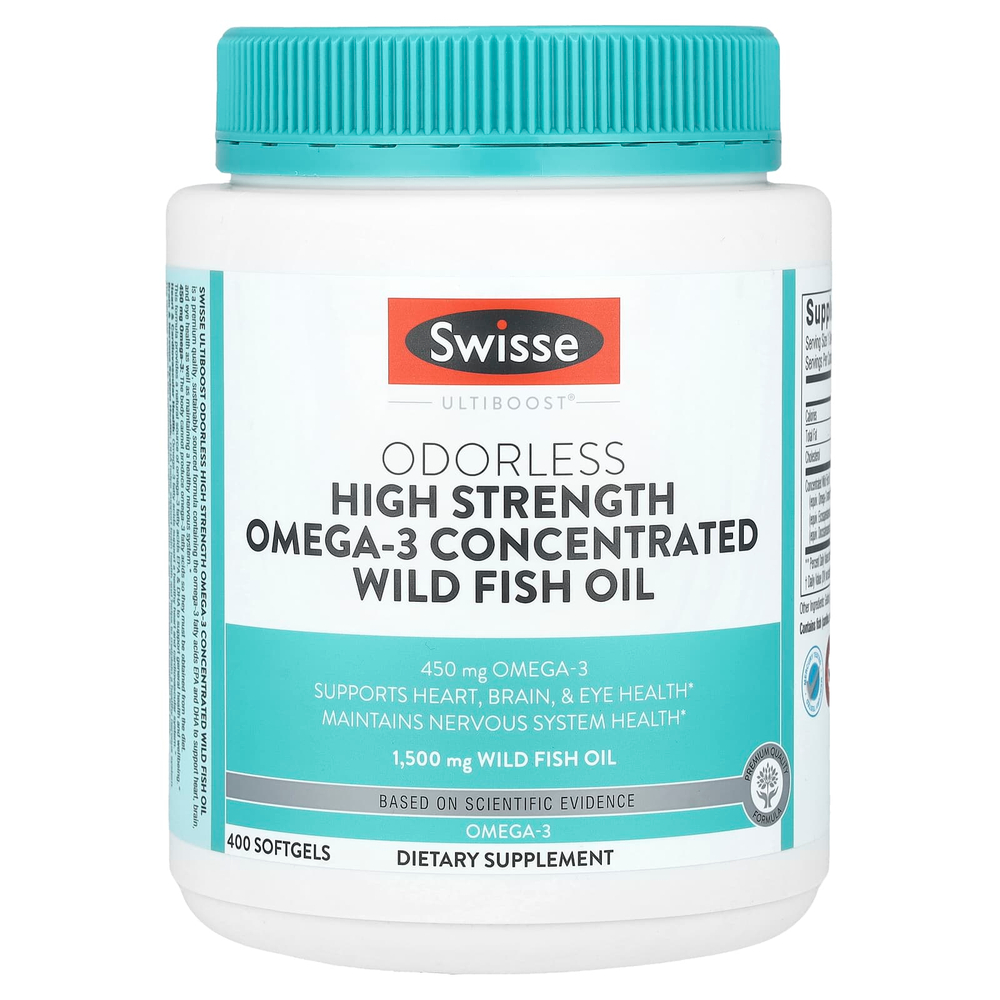 Swisse, Ultiboost®, высокоэффективный концентрированный рыбий жир с омега-3 без запаха, 1500 мг, 400 мягких таблеток