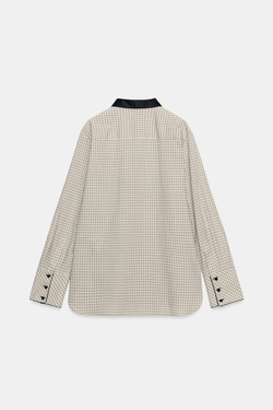 ZARA РУБАШКА В КЛЕТКУ С КОНТРАСТНЫМ ВОРОТНИКОМ ZW COLLECTION, ЭКРЮ