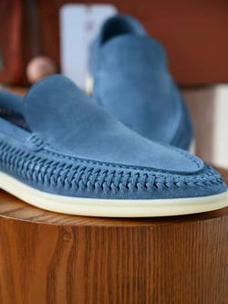 Светло-синие лоферы Loro Piana Summer Walk с плетением по периметру