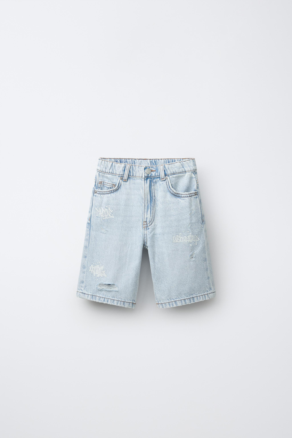 ZARA ДЖИНСОВЫЕ ШОРТЫ С РАЗРЕЗАМИ И ГРАФФИТИ, СИНИЙ