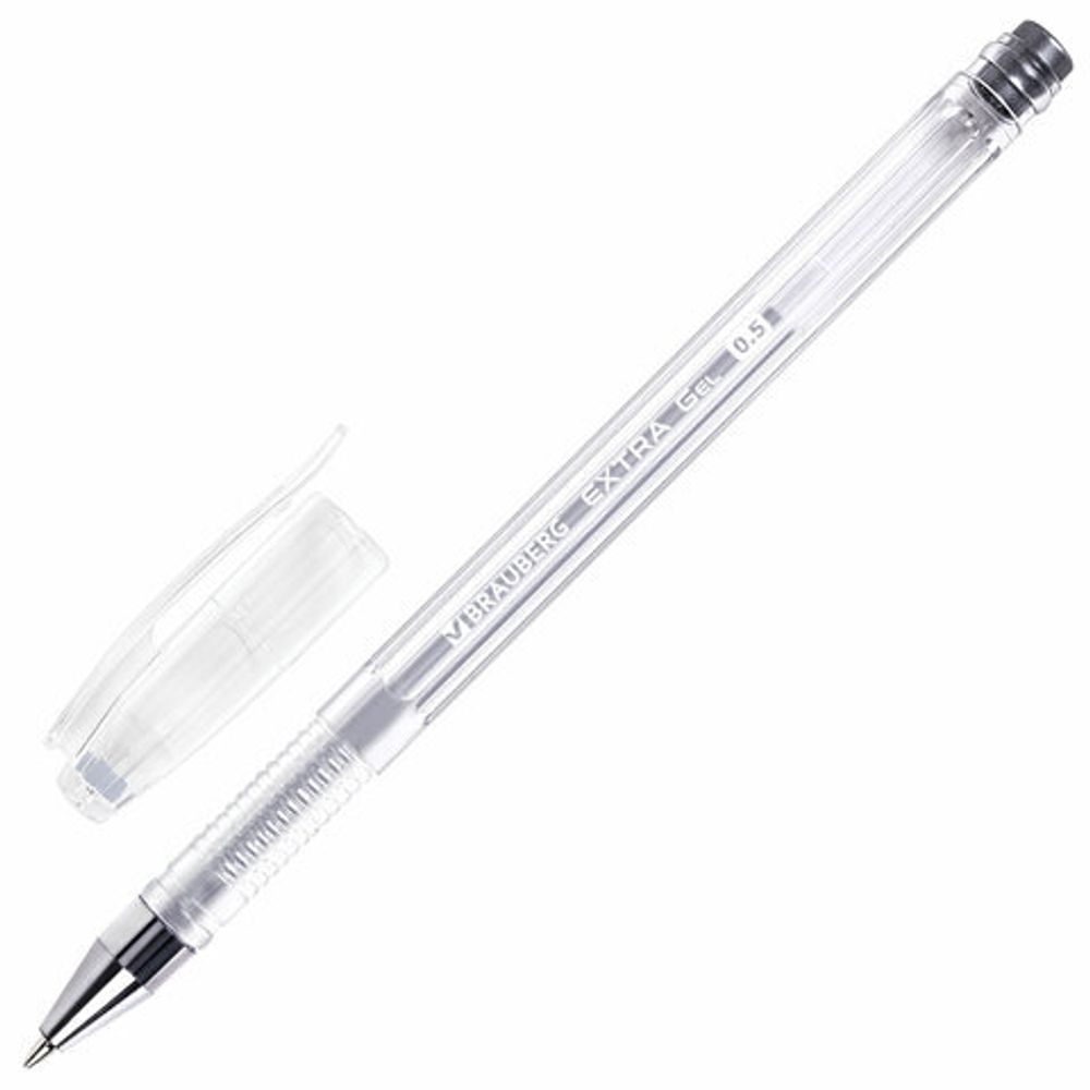 Ручка гелевая СЕРЕБРИСТАЯ BRAUBERG "EXTRA SILVER", 1шт, корпус прозрачный, 0,5 мм, линия 0,35 мм, 143913