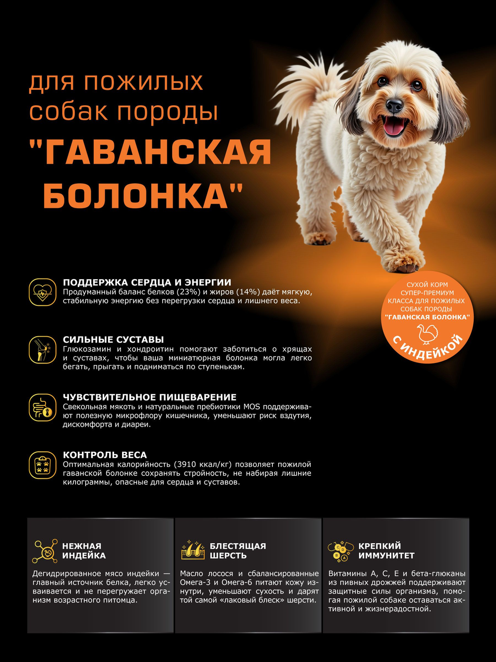 Корм сухой для пожилых собак породы Гаванская болонка старше 7 лет, с индейкой, 6 кг, QUATTRO
