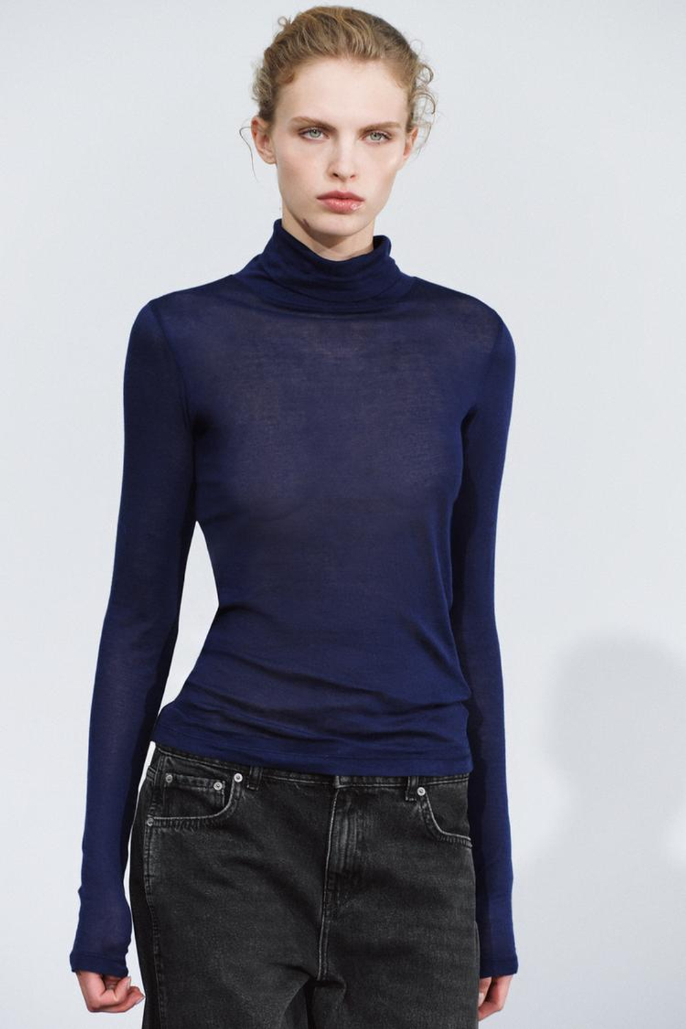 ZARA ФУТБОЛКА SUPIMA® С ВОРОТНИКОМ-СТОЙКОЙ, МОРСКОЙ СИНИЙ