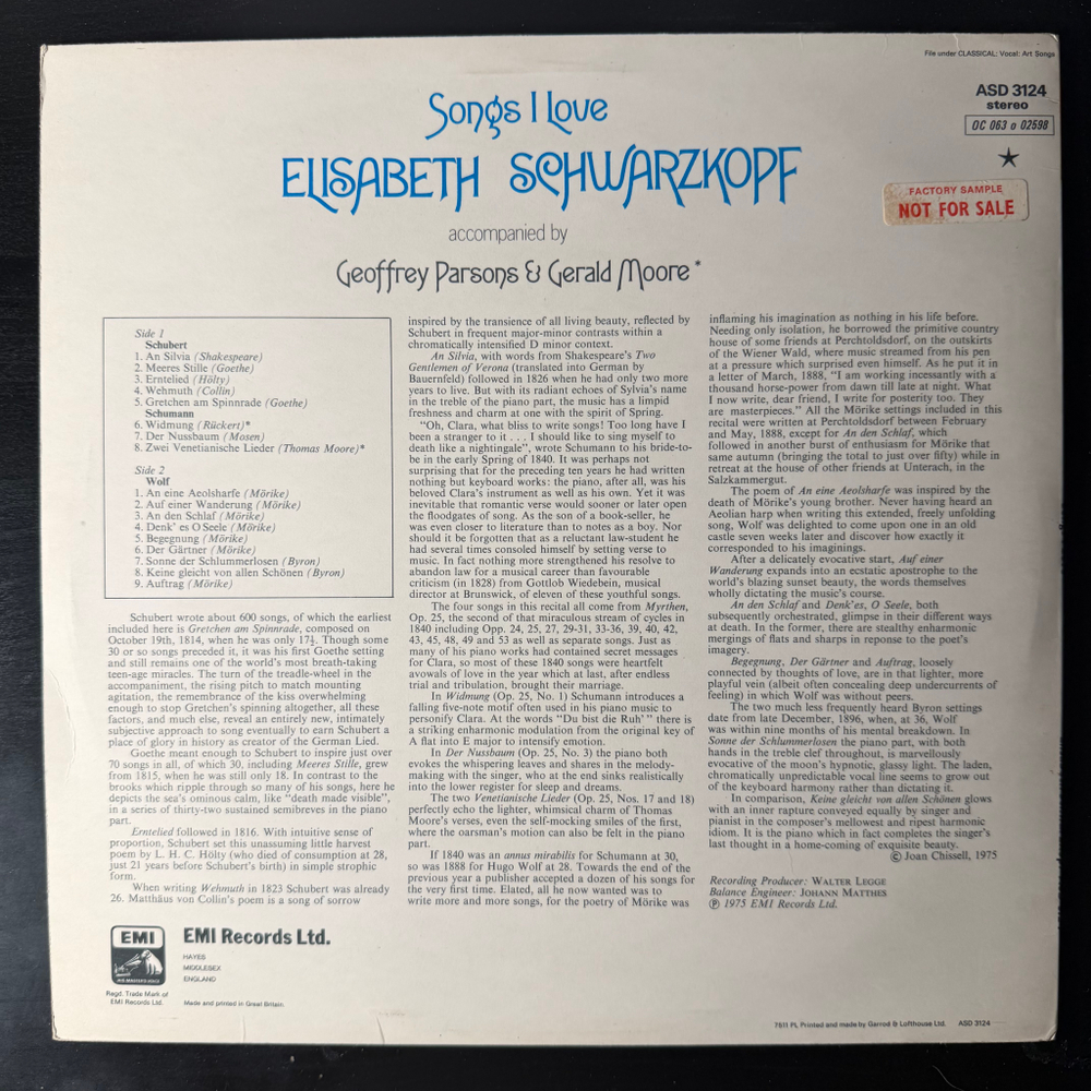Elisabeth Schwarzkopf -Schubert, Schumann, Wolf ‎– Songs I Love (Англия 1975г.) Promo