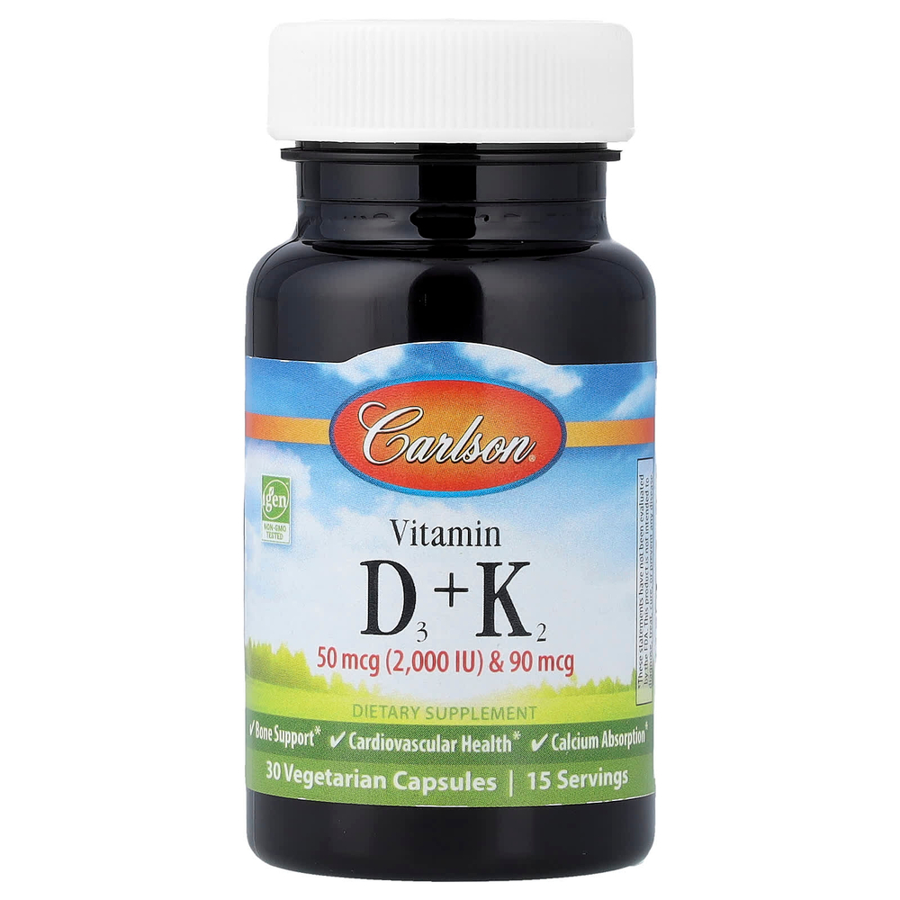 Carlson, витамины D3 и K2, 30 вегетарианских капсул