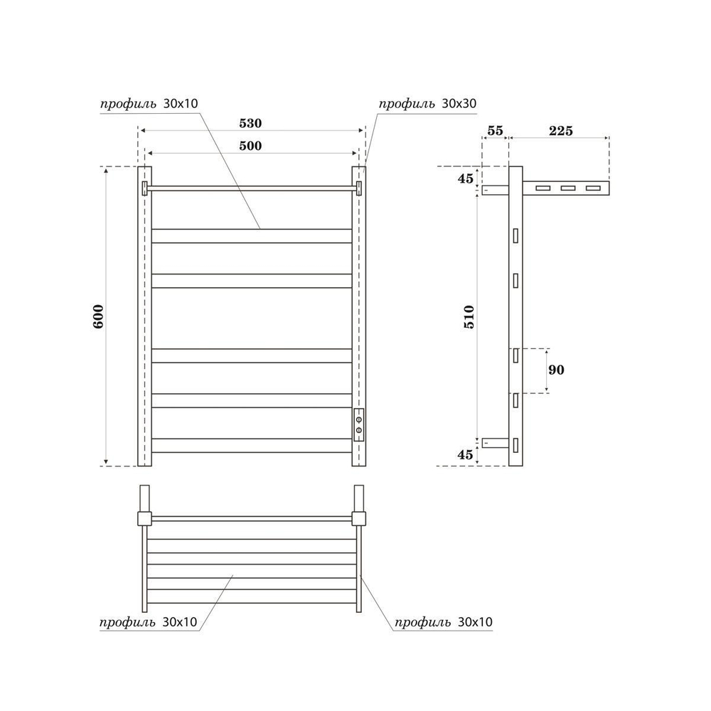 Полотенцесушитель электрический Point Меркурий PN83856PB П5 500x600 с полкой, диммер справа, черный схема