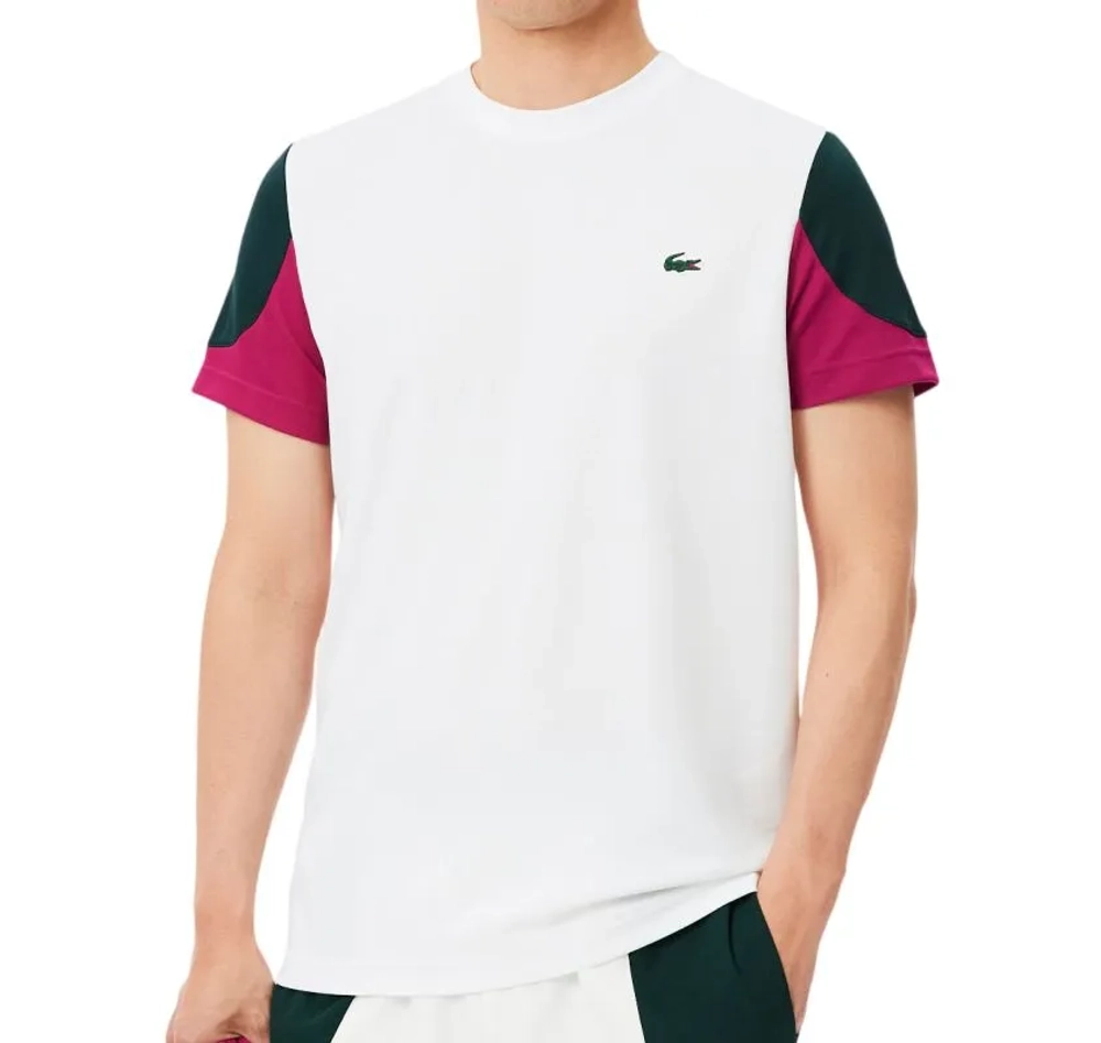 Мужская теннисная футболка Lacoste Sport Printed Colour-Block - white/green/fuchsia pink