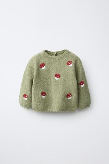 ZARA СВИТЕР С ВЫШИТЫМИ ГРИБАМИ, МЯГКИЙ ЗЕЛЕНЫЙ