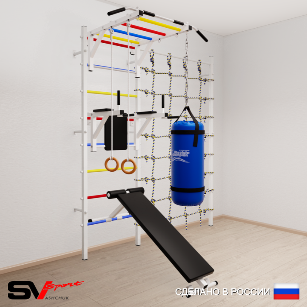 Шведская стенка Sv Sport усиленная 65120 (Турник рукоход/Брусья/Скамья/Кольца/Цепь/Мешок 22кг/Канатный лаз)