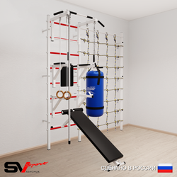Шведская стенка Sv Sport усиленная 69410 (Турник стандарт/Брусья/Стойка/Скамья/Канат/Кольца/Цепь/Мешок 15кг/Канатный лаз)
