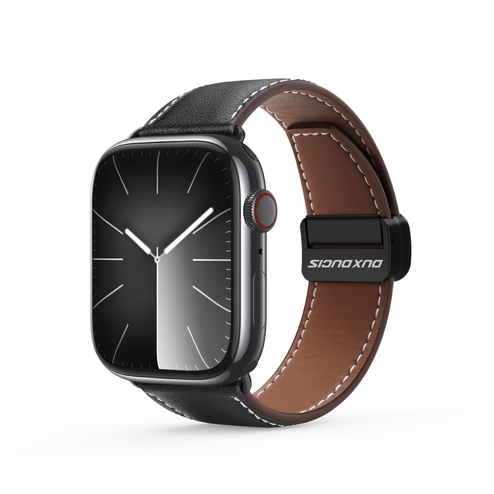 Ремешок из натуральной кожи черного цвета от Dux Ducis для смарт часов Apple Watch 42, 44, 45, 46, 49мм, серия YA Series