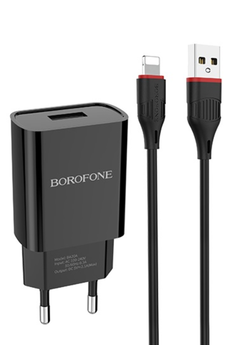 Сетевое зар. устр. Borofone BA20A с шнуром Lightning 1USB 2.1A черное