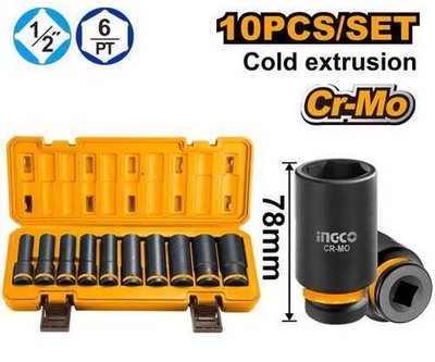 Набор торцевых ударных удлинённых головок 1/2 10-24 мм 10 шт. INGCO HKISSD12102L INDUSTRIAL