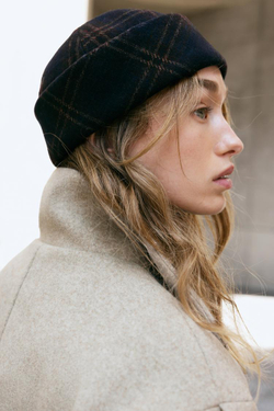 ZARA ШАПКА ИЗ СМЕСОВОЙ ШЕРСТИ В КЛЕТКУ, МОРСКОЙ СИНИЙ