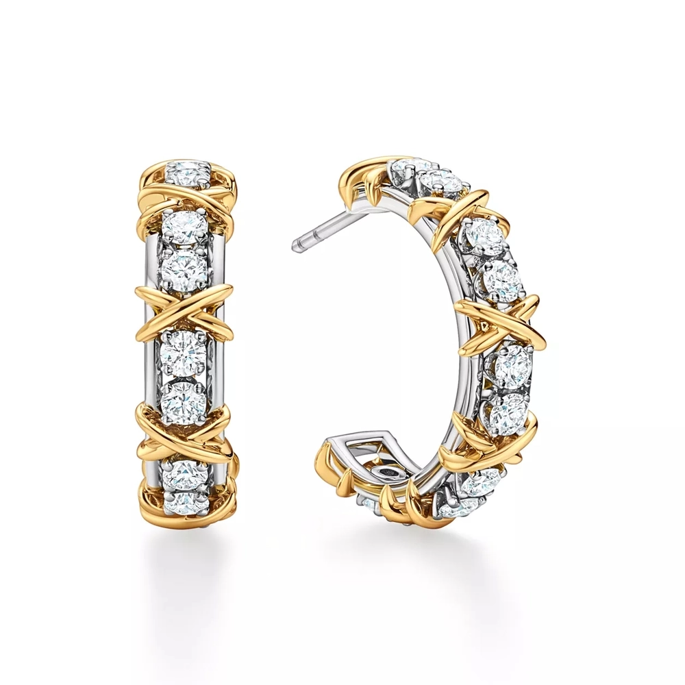 Серьги из платины и жёлтого золота 18k с бриллиантами, Tiffany 💠 Sixteen stone - Jean Shlumberge - Единственные в наличии