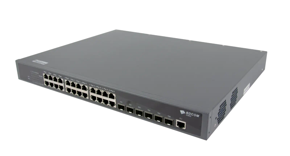 Управляемый коммутатор BDCOM S3900, 24 RJ45 1Гбит/с, 6 SFP+ 10Гбит/с, L3, 2 БП