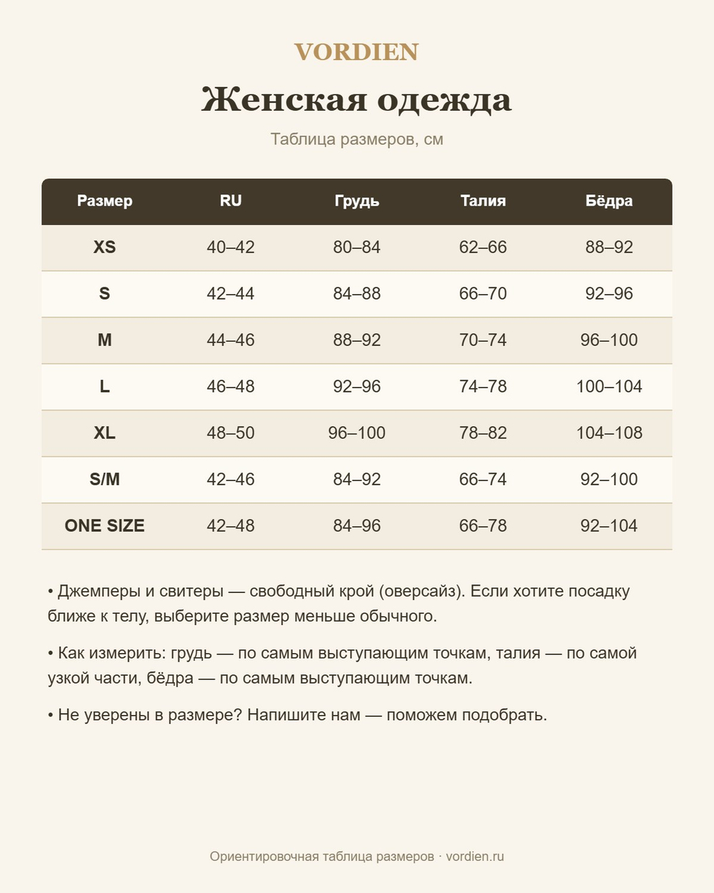 Таблица размеров женской одежды