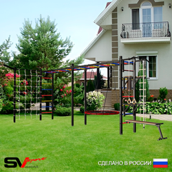 Уличная шведская стенка Sv Sport рукоход х 2 с комплектом турник прямой У52855 (Турник/Брусья/Стойка/Скамья/Гнездо 80см/Кронш бокс/Канат/кольца/лестница/Сетка)