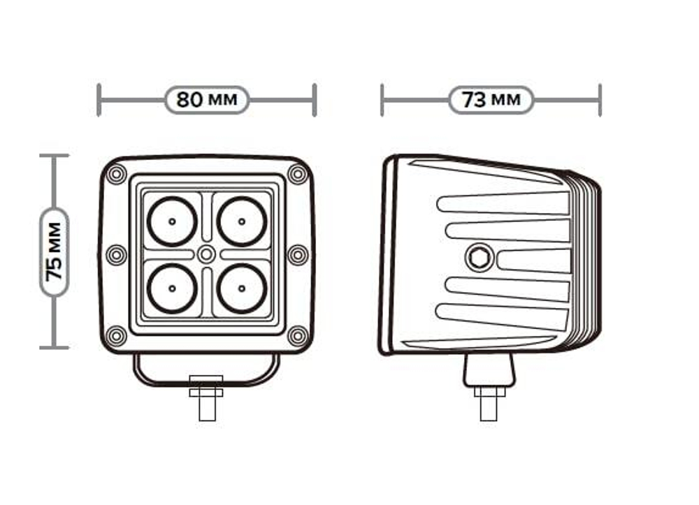 AE12S-4LED-LENS-73HC Фара светодиодная дополнительная, квадратная 80*73*75, направленный свет, 4 диода, линзованная, крепление по центру, 12 Вт, 10-30 В