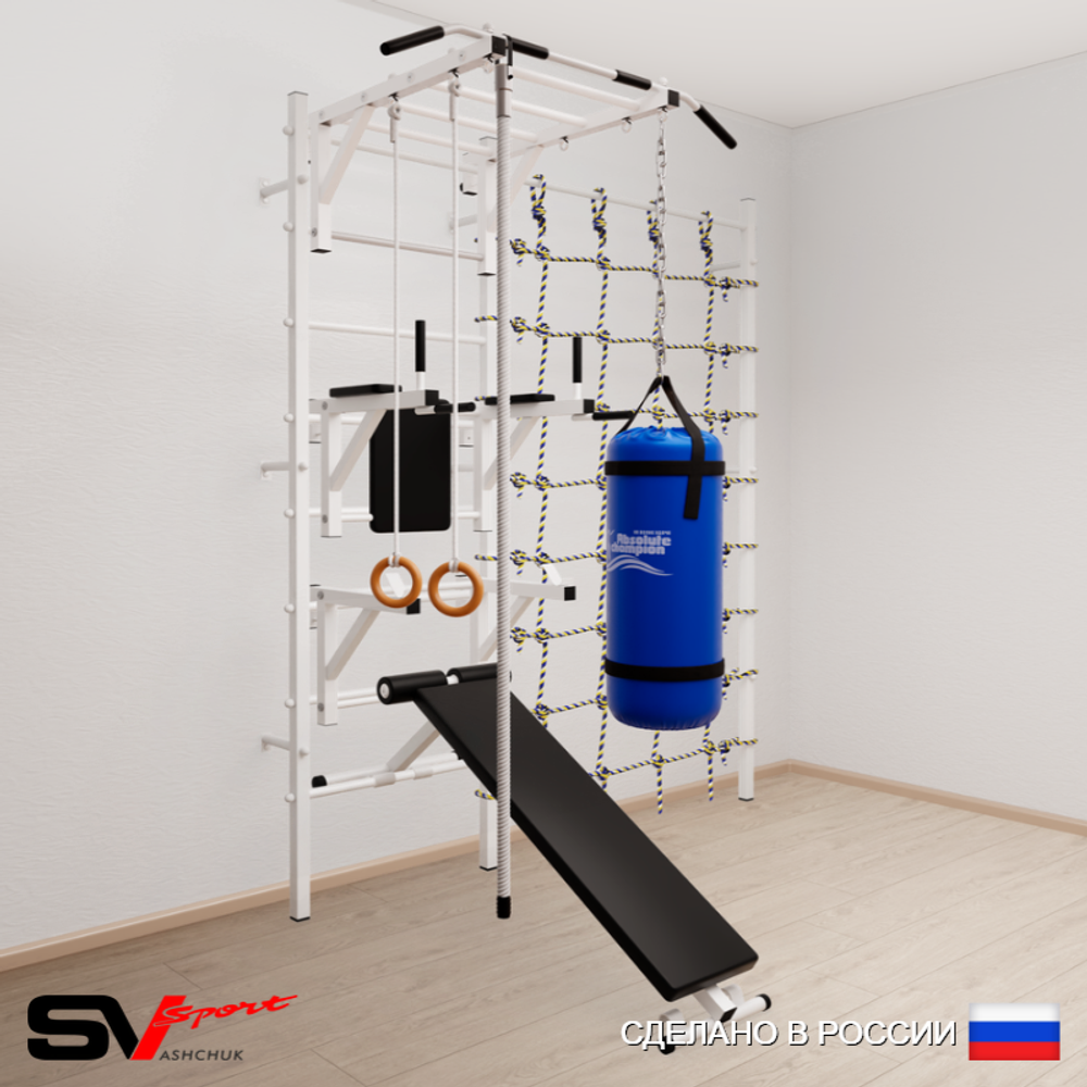 Шведская стенка Sv Sport усиленная 66420 (Турник рукоход/Брусья/Стойка/Скамья/Канат/Кольца/Цепь/Мешок 22кг/Канатный лаз)
