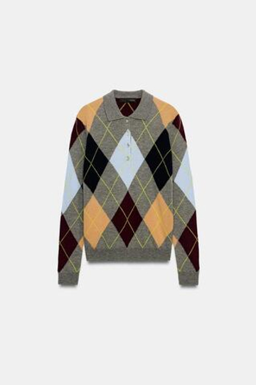 ZARA СВИТЕР ПОЛО ИЗ 100% ШЕРСТИ С УЗОРОМ В РОМБ, РАЗНОЦВЕТНЫЙ