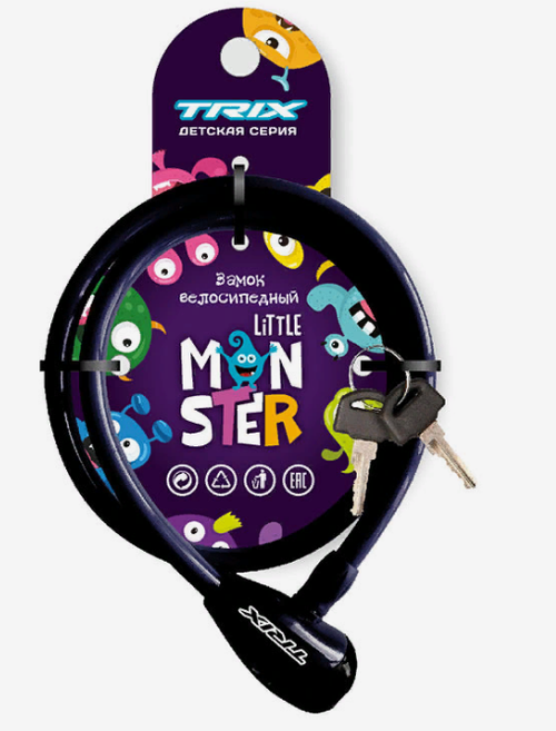 Замок противоугонный TRIX Little Monster детский, трос стальной, с ключами 8х1200мм, в пластиковой оболочке, черный