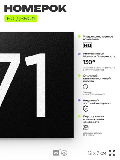 Номер на дверь 971, табличка на дверь для офиса, квартиры, кабинета, аудитории, склада, черная 120х70 мм, Айдентика Технолоджи