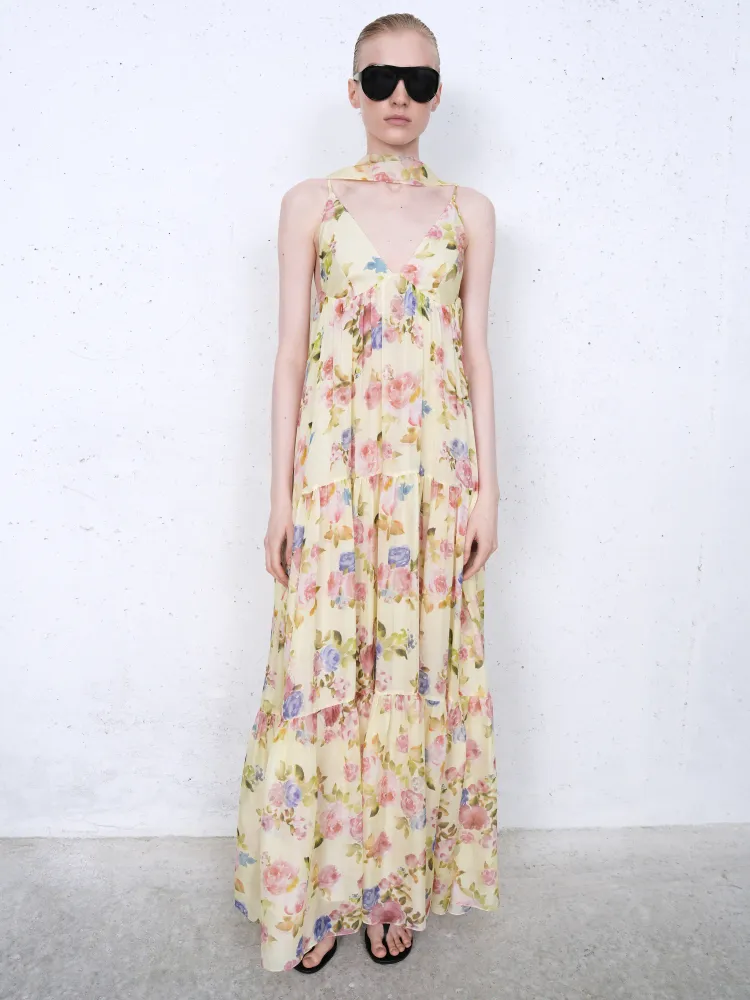 Флёр макси (Fleur maxi), платье макси из бледно-желтого шифона с цветочным принтом