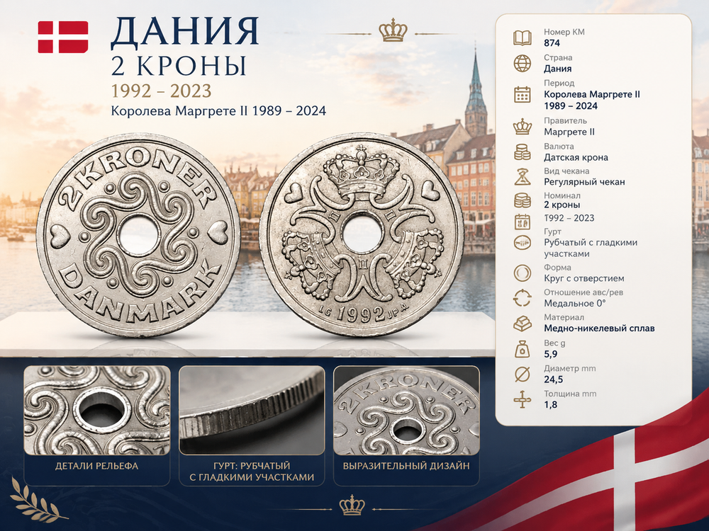 Дания 2 кроны, 1992 Королева Маргрете II XF
