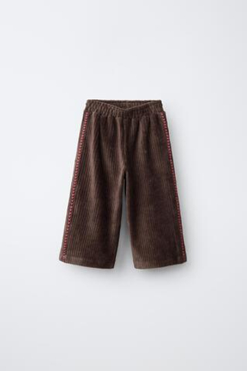 ZARA ВЕЛЬВЕТОВЫЕ БРЮКИ-КЮЛОТЫ С ВЫШИВКОЙ, ШОКОЛАДНЫЙ