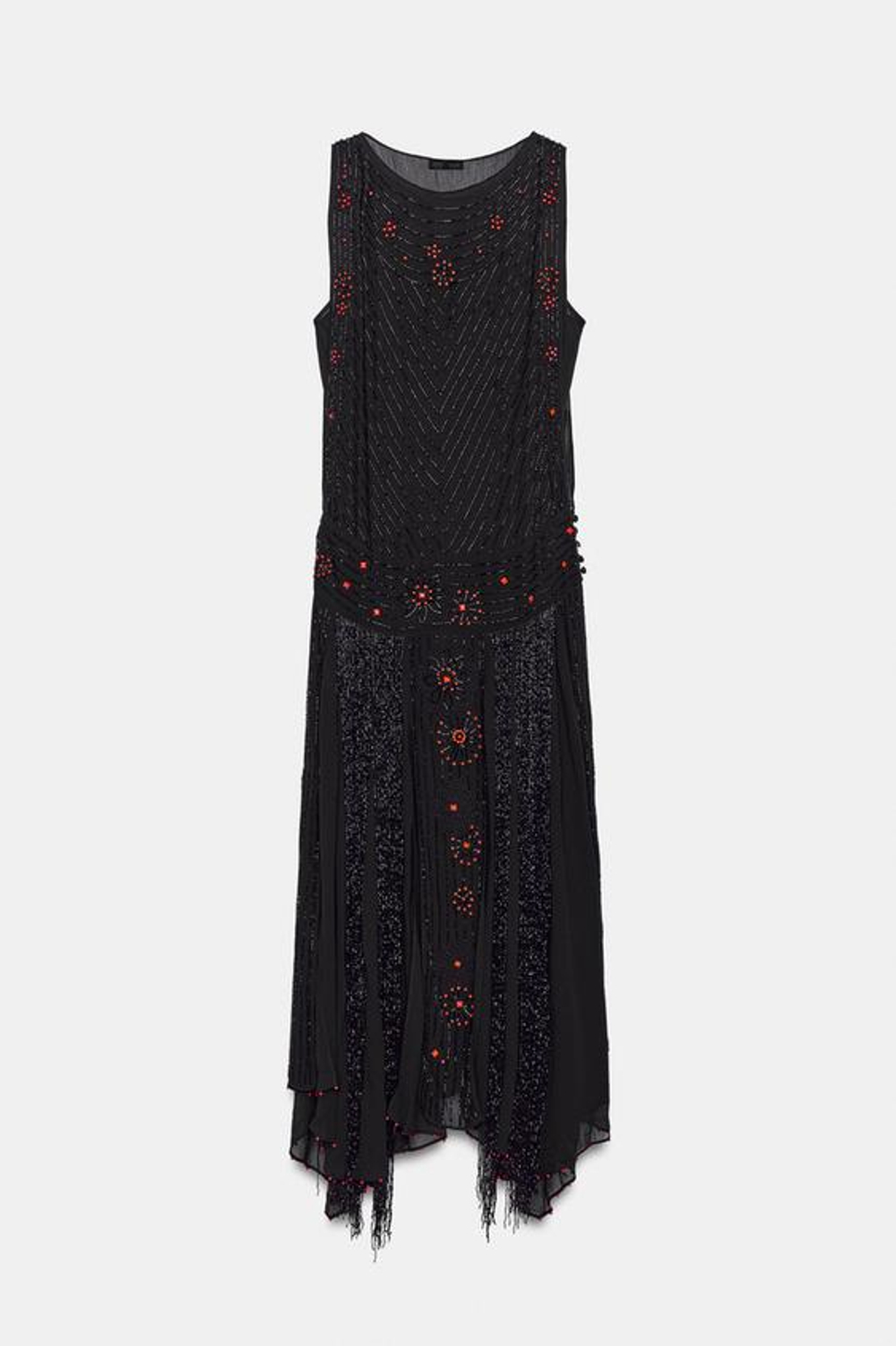 ZARA АСИММЕТРИЧНОЕ ПЛАТЬЕ С БУСИНАМИ И БАХРОМОЙ ZW COLLECTION, ЧЕРНЫЙ