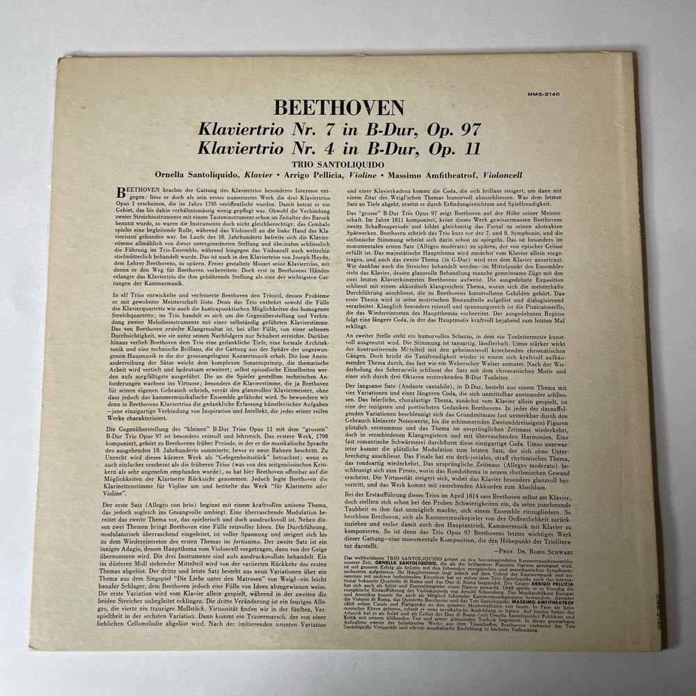 Винтажная виниловая пластинка LP Beethoven Бетховен, Trio Santoliquido Beethoven Trios, Trio Nr. 7 In B-Dur, Op.97 (Германия 1967)