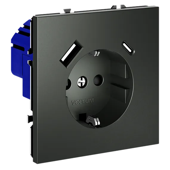 Розетка с заземлением и защитными шторками, с USB, A+С Voltum S70 Титан VLS040506