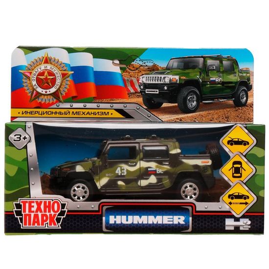 Машина металл HUMMER H2 PICKUP КАМУФЛЯЖ 12 см, двери, багаж, инерц, кор. Технопарк
