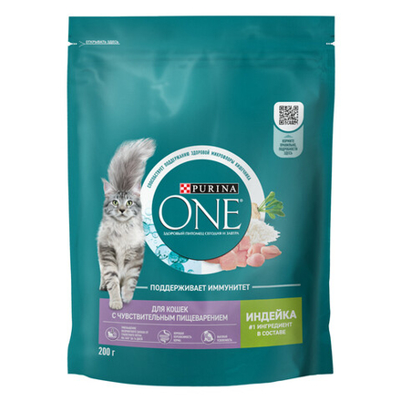 Сухой корм Purina ONE для взрослых кошек с чувствительным пищеварением и разборчивым вкусом в еде индейка 200 г